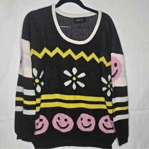 MINKPINK Smiley Face Daisy Oversized Sweater Black Pink Yellow Y2K Retro size xs